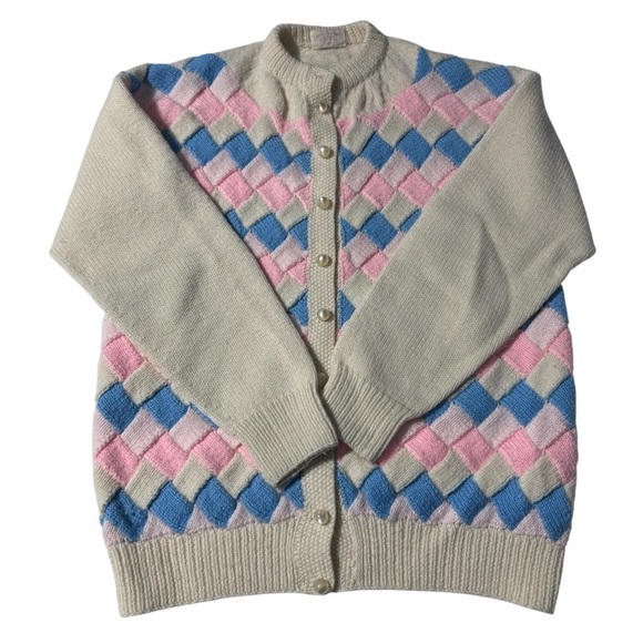 Handmade Sweaters - Hand Knit Diamond Basket Weave Cardigan Vintage Granny Chic Easter Cottagecore